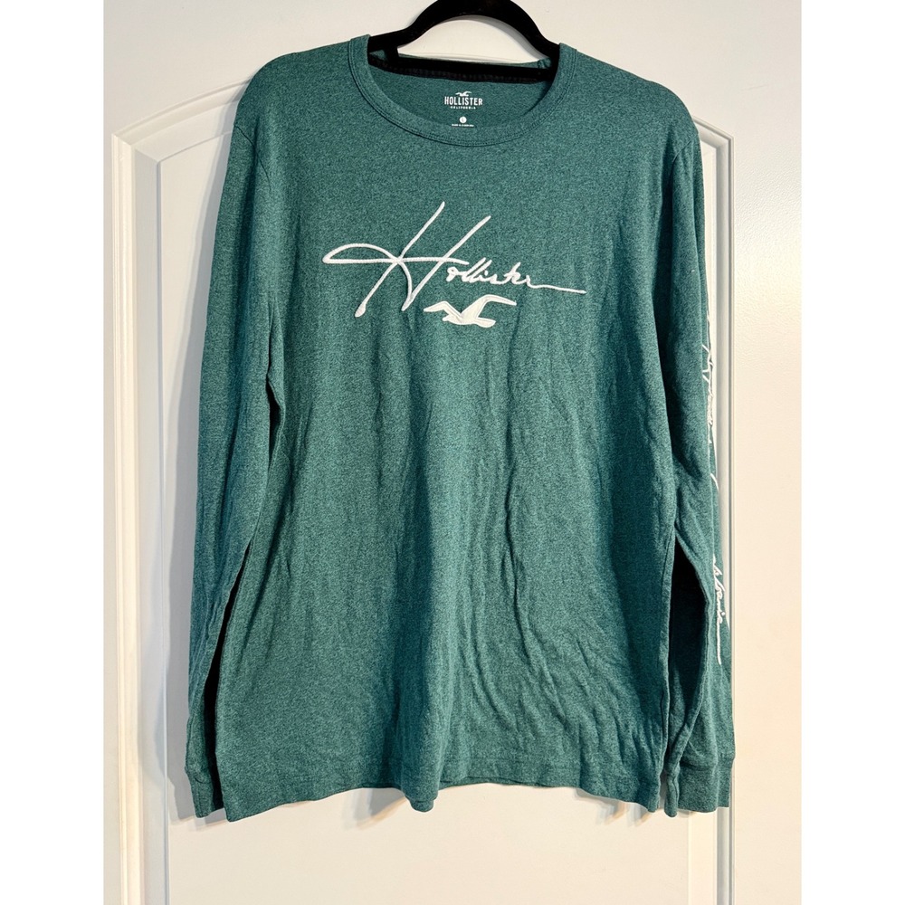 Hollister Graphic Tee Large Green Long Sleeve Logo Heathered Skater Surger Y2K